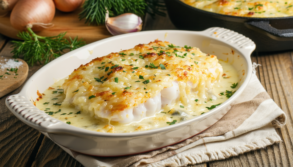 découvrez la morue gratinée au four, un plat convivial et réconfortant à base de poisson délicatement gratiné. facile à préparer, idéal pour un repas familial savoureux et chaleureux !