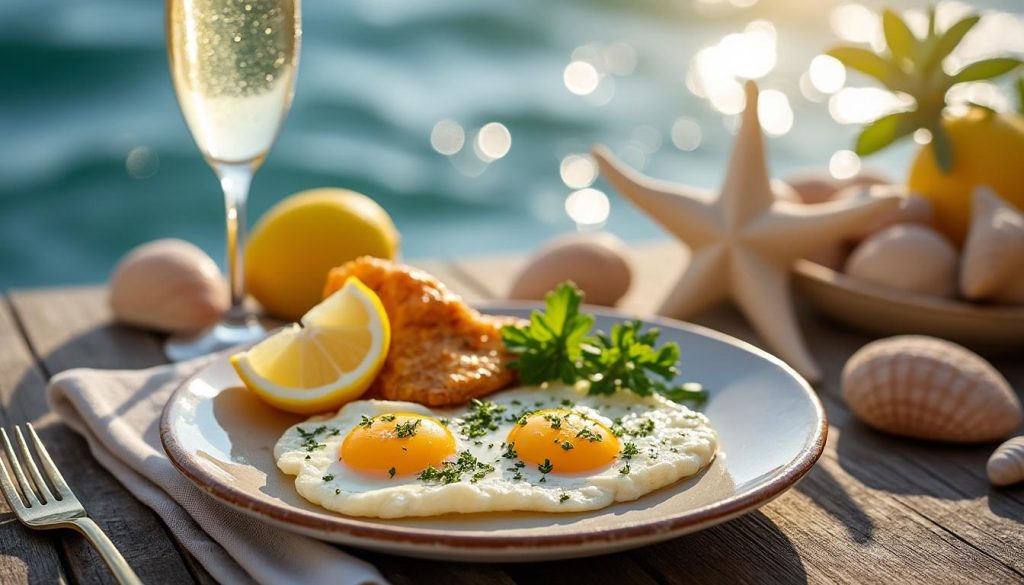 savourez un brunch marin raffiné avec une délicieuse brandade, des œufs fraîchement préparés et des bulles pétillantes pour une expérience gourmande et iodée.
