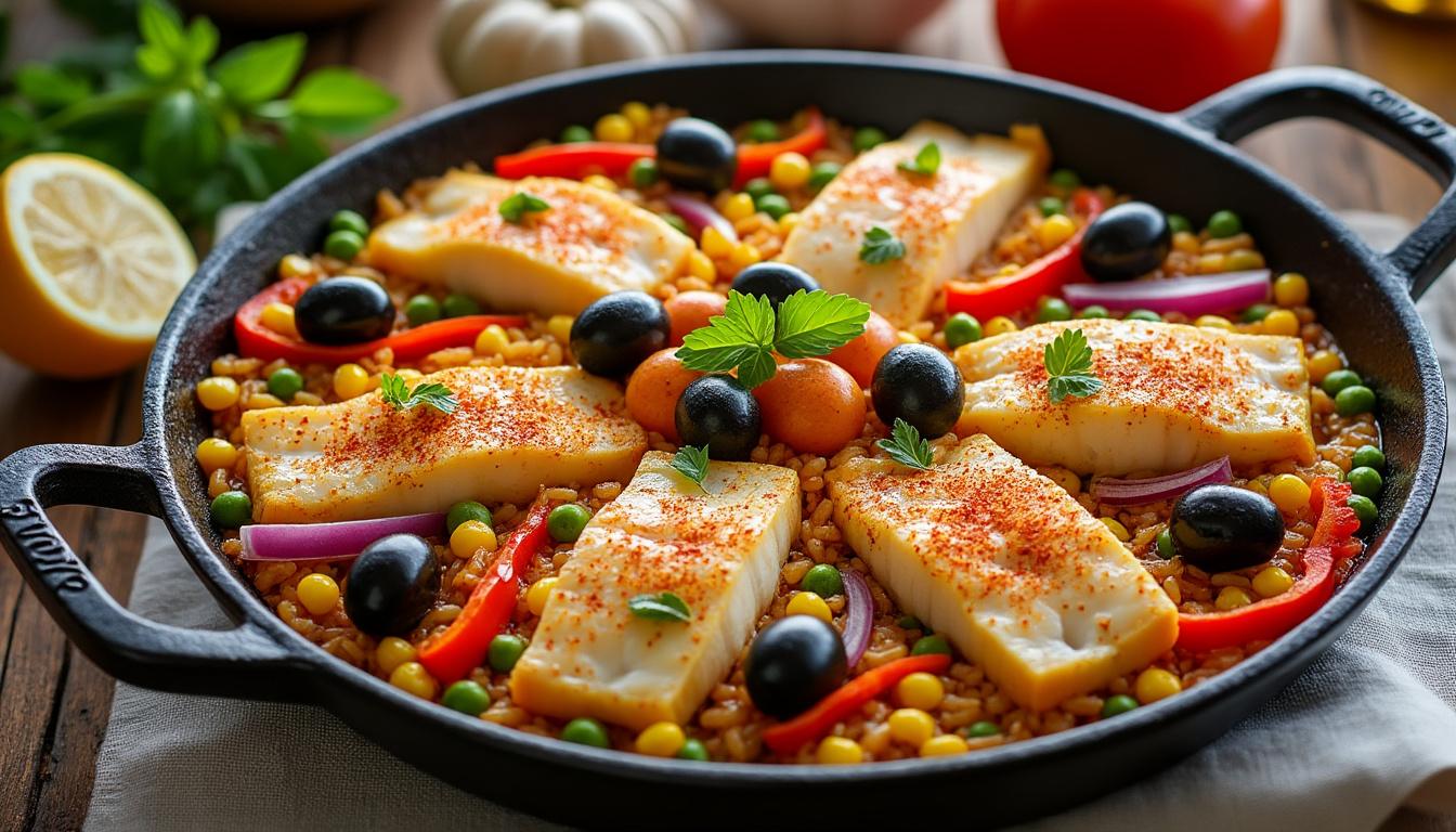 découvrez une recette originale de paella revisitée avec de la morue pour un plat savoureux et authentique aux accents marins.