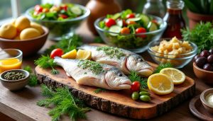 découvrez notre buffet froid composé de morue savoureuse, de salades fraîches et de condiments variés pour un repas léger et gourmand.