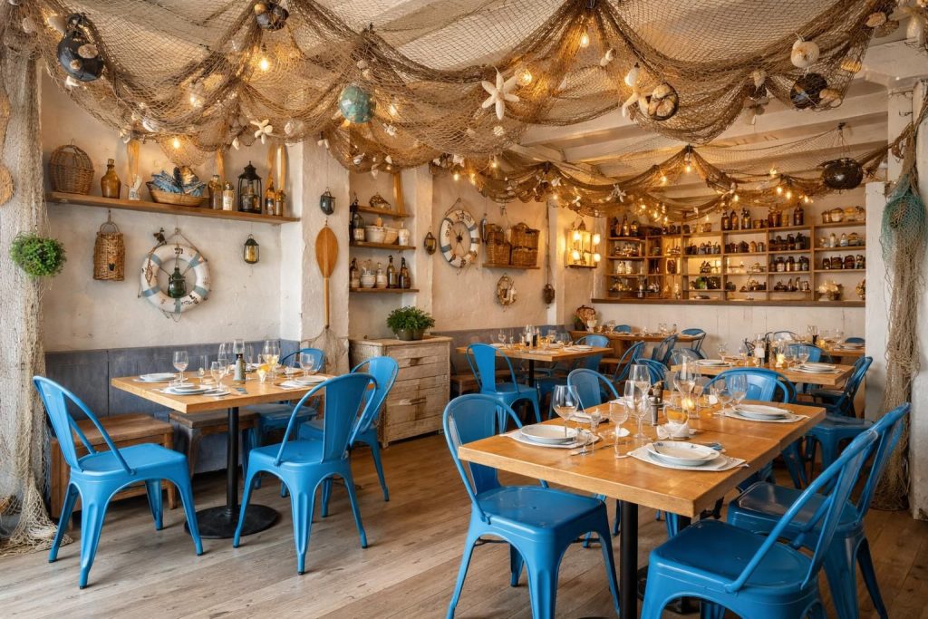 découvrez comment décorer un restaurant de fruits de mer breton avec des filets de pêche décoratifs et du mobilier tolix bleu pour une ambiance authentique et maritime.