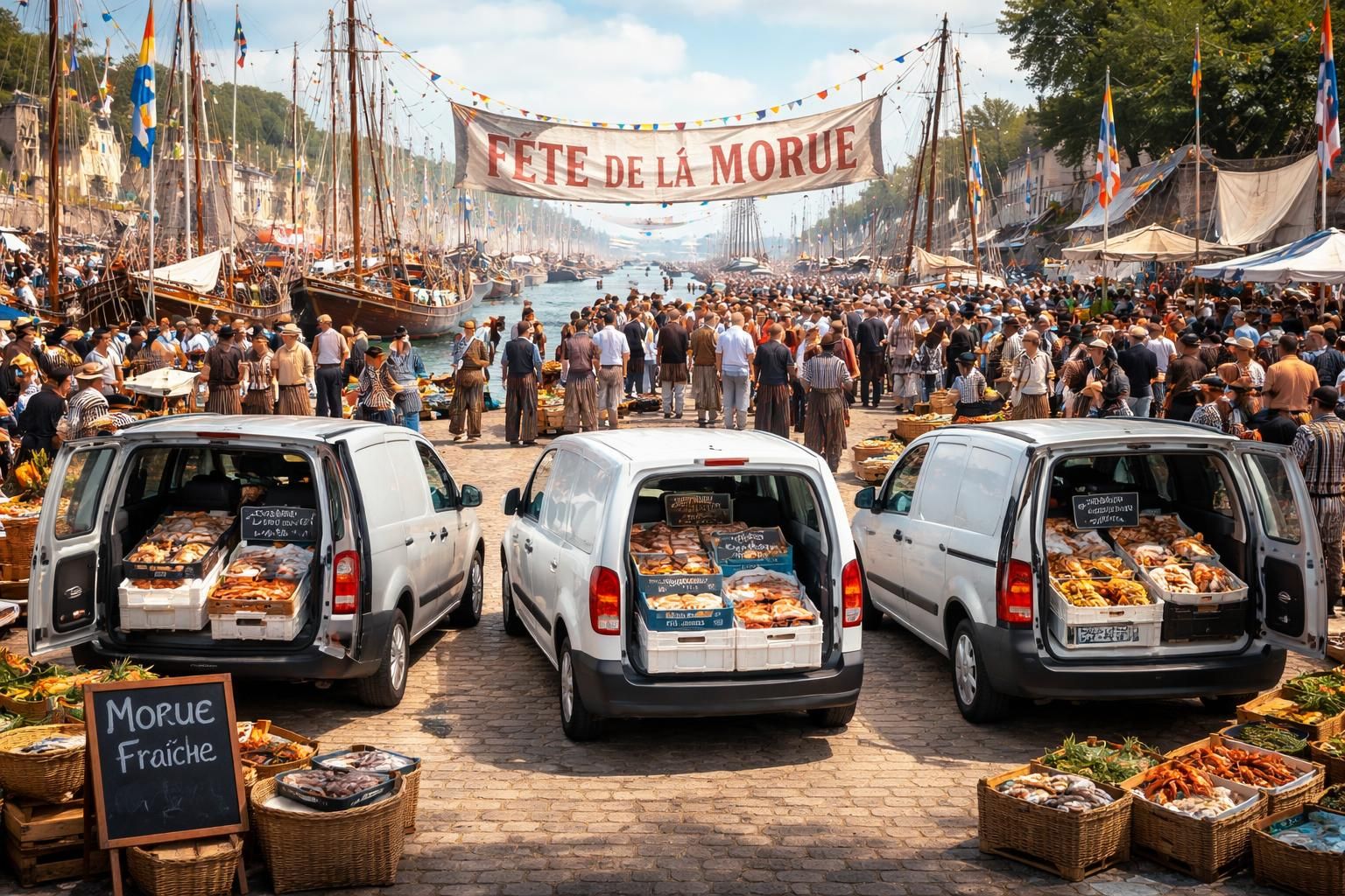 découvrez la livraison festive de morue fraîche en camionnette avec citroën berlingo, peugeot partner et opel combo, alliant tradition et modernité pour vos événements.