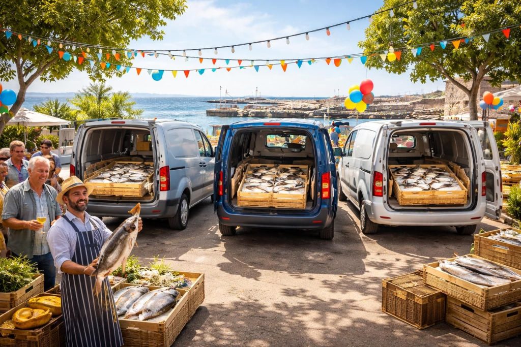 découvrez la livraison festive de morue fraîche directement chez vous grâce aux camionnettes citroën berlingo, peugeot partner et opel combo, alliant charme et praticité.