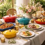 organisez une fête gastronomique élégante avec la vaisselle le creuset et les nappes en lin charvet editions, pour une table raffinée et conviviale.