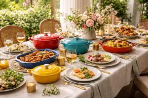 organisez une fête gastronomique élégante avec la vaisselle le creuset et les nappes en lin charvet editions, pour une table raffinée et conviviale.